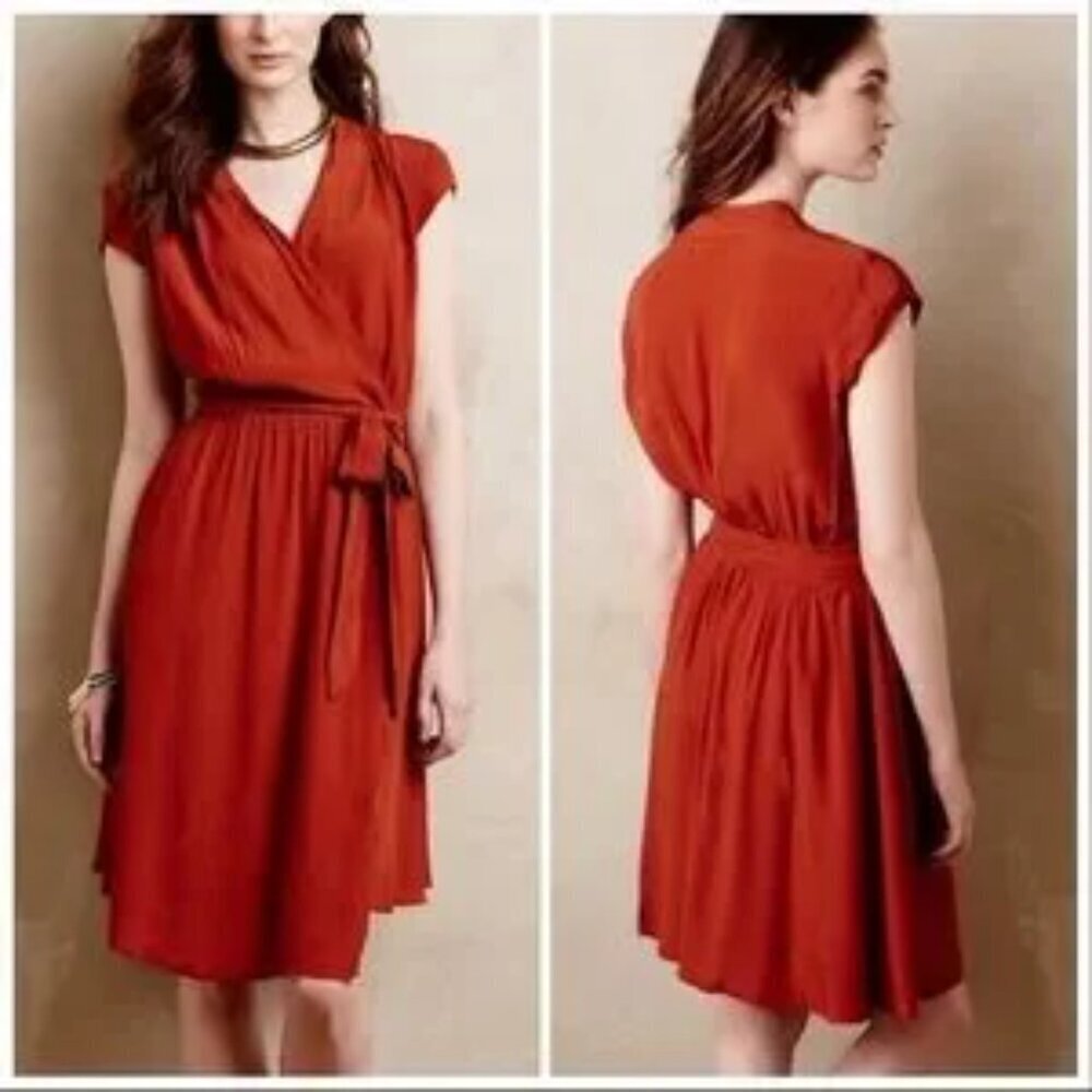 Anthropologie Maeve Noronha Faux Wrap Belted Orange Dress Extra Small NWT